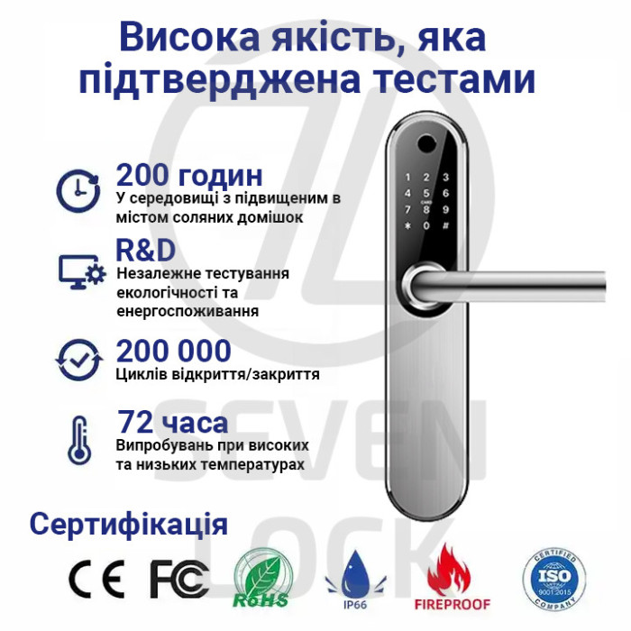 Розумний дверний біометричний замок SEVEN LOCK SL-7768BF (85мм) silver